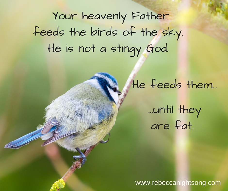 -See the birds of the sky, that they don't sow, neither. do they reap, nor gather into barns. Your heavenly Father. feeds them.---Matthew 6-26